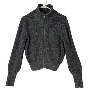Athleta Gray Black Marled Zip Up Crop Sweater XS Mock Neck Long Sleeve Side Lace